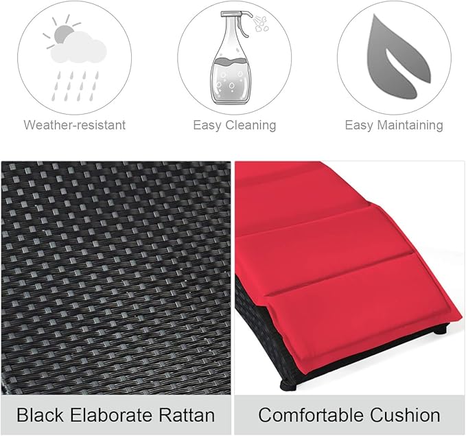 COSTWAY Folding Rattan Lounge Chair Outdoor, Patio Wicker Chaise Lounge with Soft Cushion - Photo 9