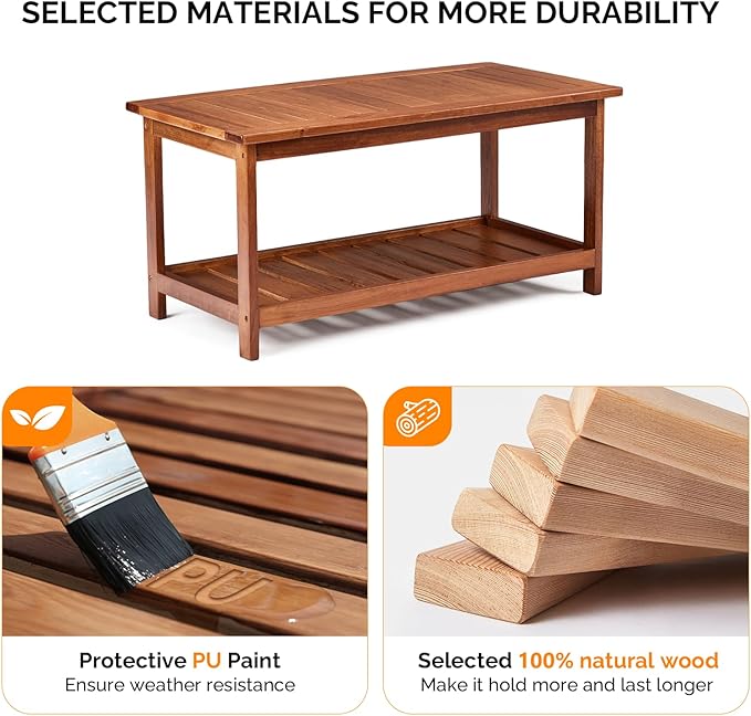 VINGLI Outdoor Wooden Coffee Table, 2-Tier Storage Rectangle Patio Coffee Table for Outside, Solid Wood Low Outdoor Table for Balcony Porch and Deck