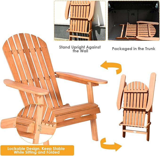 Giantex Wooden Adirondack Chair Outdoor Lounger Chair, Folding Adirondack Chairs 400 lbs Weight Capacity for Patio, Garden, Deck, Porch, Lawn, Oversized Backyard Seating Fire Pit Chairs