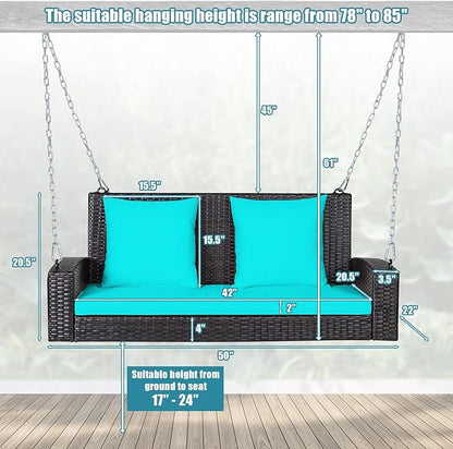Tangkula 2-Person Wicker Hanging Porch Swing, Patiojoy Outdoor Rattan Swing Bench W/ 2 Back Cushions & 1 Seat Cushion, Sturdy Steel Chain, 800lbs Weight Capacity, Suitable for Deck, Backyard, Garden