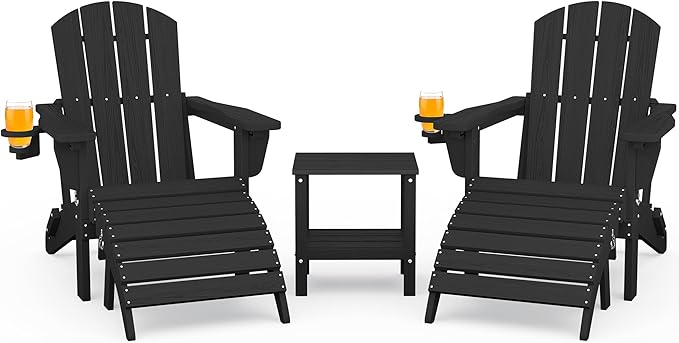 SERWALL 5-Piece Adjustable Adirondack Chair and Ottoman and Table Set, Black - Photo 1