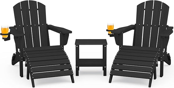 SERWALL 5-Piece Adjustable Adirondack Chair and Ottoman and Table Set, Black - Photo 1