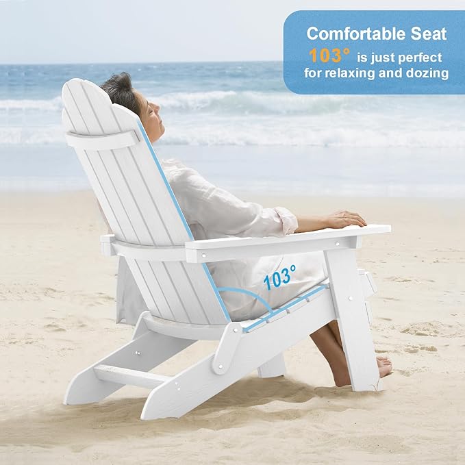 MXIMU Folding Adirondack Chair Set of 8 Weather Resistant Fire Pit Chairs Easy Assemble HIPS Plastic Outdoor Modern Adirondack Chairs for Patio, Lawn, Garden, Backyard, Deck(White)