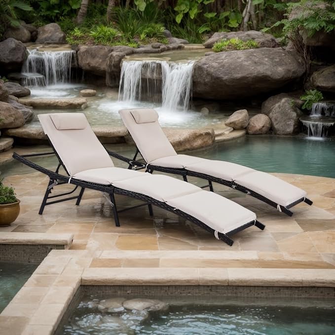 Patio Chaise Lounges Set of 2 with Adjustable Backrest and Removable Thick Cushions, 2 Pieces Patio Lounge Chairs Outdoor Folding Cushioned Patio Seating for Poolside Backyard Porch Pool