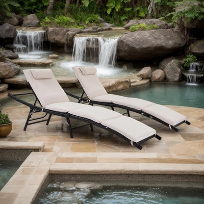 Patio Chaise Lounges Set of 2 with Adjustable Backrest and Removable Thick Cushions, 2 Pieces Patio Lounge Chairs Outdoor Folding Cushioned Patio Seating for Poolside Backyard Porch Pool