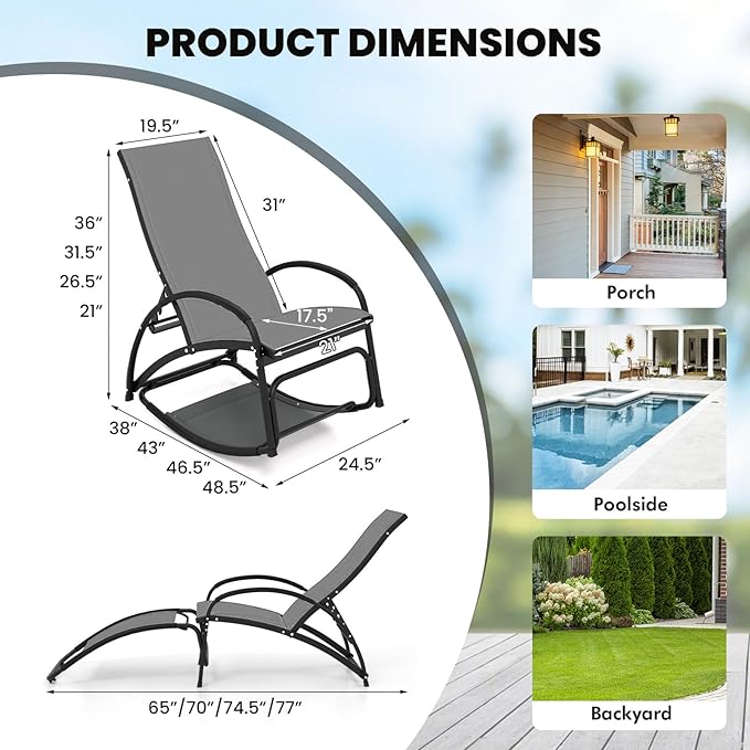 Giantex 2-in-1 Outdoor Rocking Chair, Convertible Lounge Chair with 4-Position Adjustable Backrest, Curved Armrests - Photo 3