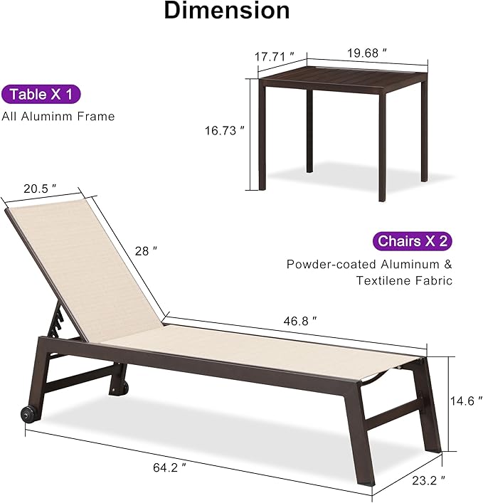PURPLE LEAF Outdoor Chaise Lounge Chair Set of 2, Patio Pool Textilene Loungers with Adjustable Backrest and Wheels, Includes Side Table for Deck, Lawn, Garden, Cream
