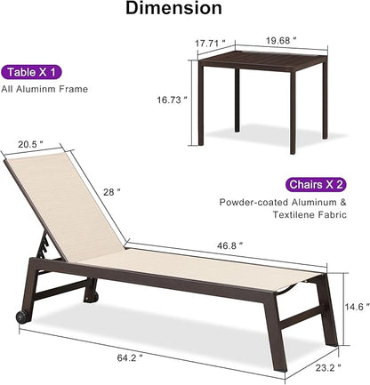 PURPLE LEAF Outdoor Chaise Lounge Chair Set of 2, Patio Pool Textilene Loungers with Adjustable Backrest and Wheels, Includes Side Table for Deck, Lawn, Garden, Cream