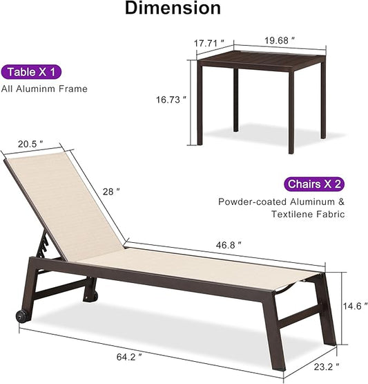 PURPLE LEAF Outdoor Chaise Lounge Chair Set of 2, Patio Pool Textilene Loungers with Adjustable Backrest and Wheels, Includes Side Table for Deck, Lawn, Garden, Cream