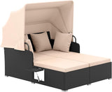 Tangkula Patio Rattan Daybed with Retractable Canopy, Outdoor Wicker Sunbed Lounger with 2 Foldable Side Tables - Photo 1