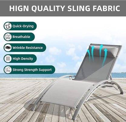 Domi Pool Lounge Chair Set of 3, Outdoor Chaise Lounge with Side Table, Adjustable Garden Aluminum Reclining Chair for Pool Beach Sunbathing Chair (Gray)