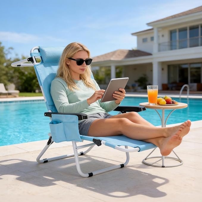 ABORON Tanning Chair with Face Hole, 5-Position Adjustable Reclining Beach Lounge Chair, Folding Face Down Sun Lounger for Beach, Poolside, Patio, Lawn, Home(Sky Blue)
