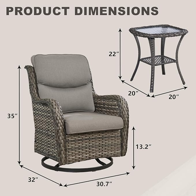 Rilyson Wicker Rocking Chair Swivel Chairs - 3 Piece Rocker Patio Furniture Set Rattan Rocking Bistro Sets with Glass - Photo 3