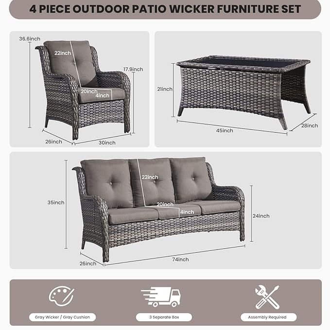 Belord Patio Wicker Furniture 4 Pieces Outdoor Furniture Set Patio Sofa Set with Wicker Chairs and Coffee Table - Photo 2