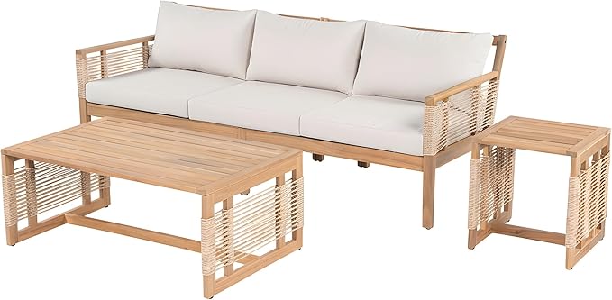 Merax Outdoor Patio Acacia Wood 3-Seater Sofa Set with 2 Coffee Tables with Beige Cushions, Hand Woven Rope Design - Photo 3