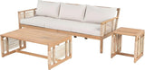 Merax Outdoor Patio Acacia Wood 3-Seater Sofa Set with 2 Coffee Tables with Beige Cushions, Hand Woven Rope Design - Photo 3