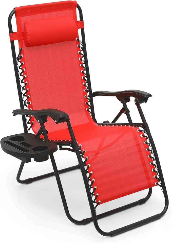 AthAthena Collection Zero Gravity Chair, Outdoor Lounge Chair with Adjustable Pillow and Cup Holder, Reclining Camping Chair for Outside Beach Lawn Garden Patio Poolside - Red