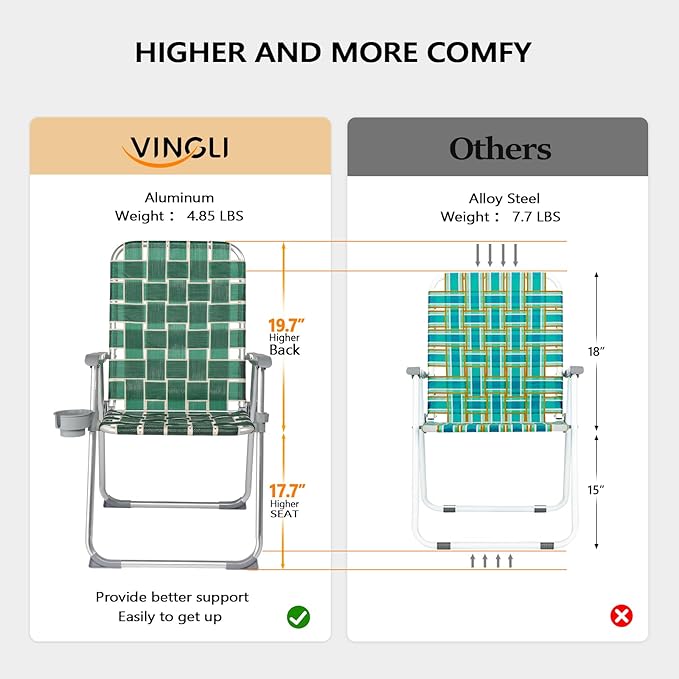 VINGLI Folding Aluminum Webbed Lawn Chairs with Detachable Cup Holder, High Beach Chair for Adults Heavy Duty - Photo 3