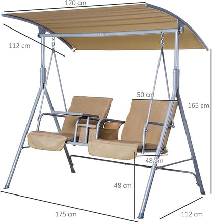 Outsunny 2 Person Porch Swing with Stand, Outdoor Swing with Canopy, Pivot Storage Table, 2 Cup Holders, Cushions for Patio, Backyard, Beige