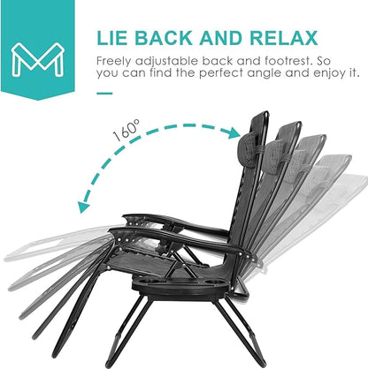 TLSUNNY Zero Gravity Chair Set of 2, Outdoor Folding Lounge W/Detachable Headrest & Holder Tray, Adjustable Textilene Lawn Reclining, No Assembly Required, for Patio, Garden, 330LBS (1, Grey)