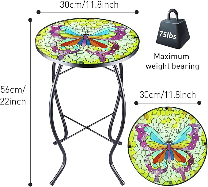 12 Inch Small Outdoor Side Table with Colorful Butterfly, Glass Mosaic Patio Table Indoor - Photo 3