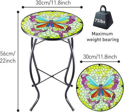 12 Inch Small Outdoor Side Table with Colorful Butterfly, Glass Mosaic Patio Table Indoor, Round Plant Coffee Table for Living Room, Balcony, Garden
