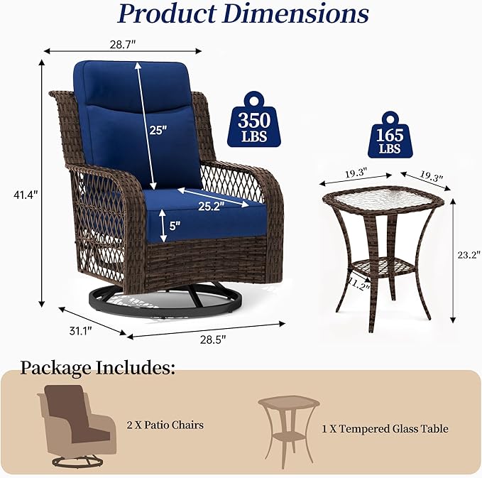 PIZZELLO Outdoor Swivel Rocker Chairs 3 Pieces Wicker Swivel Patio Chair with Rattan Side Table, 5" Extra Thick Cushions and 25" Full Support Back, Patio Furniture Set for Outside Porch Deck