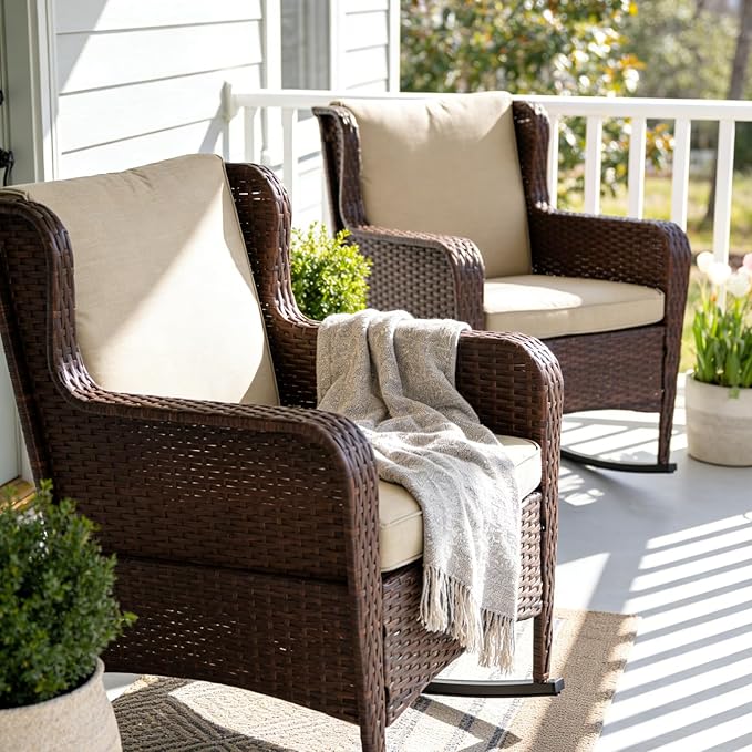 SUNSITT Outdoor Resin Wicker Rocking Chairs with Olefin Cushions, Set of 2, Patio Yard Furniture Club Rocker Chairs, Brown Wicker & Beige Cushions