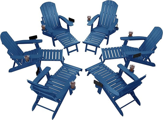 YEFU Adjustable Adirondack Chair with Retractable Ottoman Set of 6,Folding Adirondack Chair with 2 Cup-Holders, Outdoor Chairs with Footrest,Weather Resistant Fire Pit Chairs,for Patio Lawn(Navy)