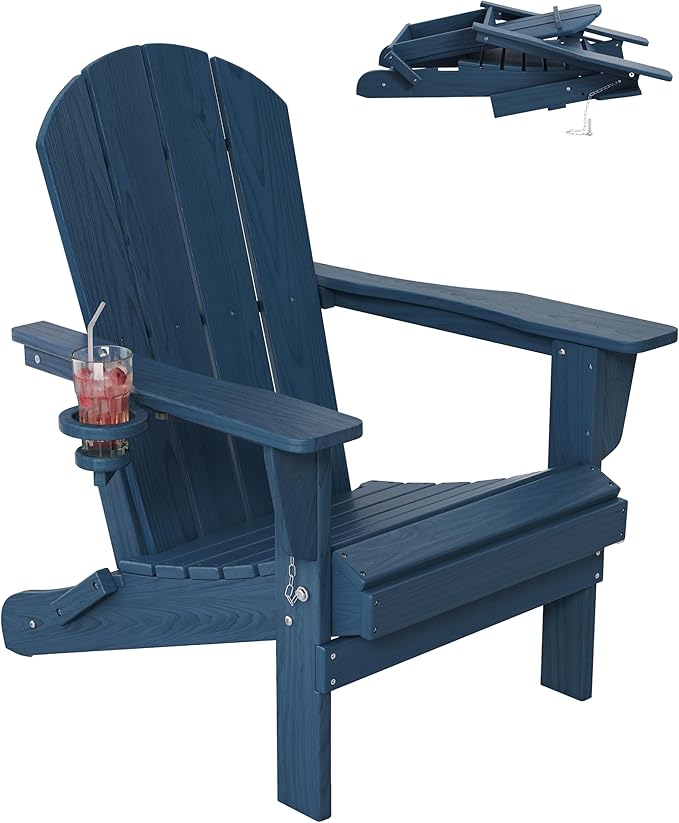 Outdoor Folding Adirondack Chair Set of 1 for Patio Fire Pit, Wooden Textured HDPE Adjustable Chairs with Cup Holder, Waterproof All Weather Resistant Plastic for Pool Lawn Garden Backyard(NavyBlue)