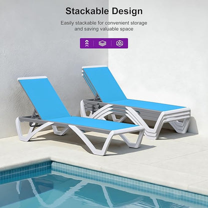PURPLE LEAF Patio Chaise Lounge Chair Set of 3 Outside Aluminum Plastic Stackable Tanning Chairs for Pool Sunbathing Beach Deck Outdoor Lounger, Turquoise Blue