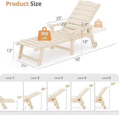 LUE BONA Outdoor Chaise Lounge, HDPS Chaise Lounger, 5 Positions Adjustable Lounge Chairs, Pool Lounge Chair with Wheels for Poolside, Backyard, Sand