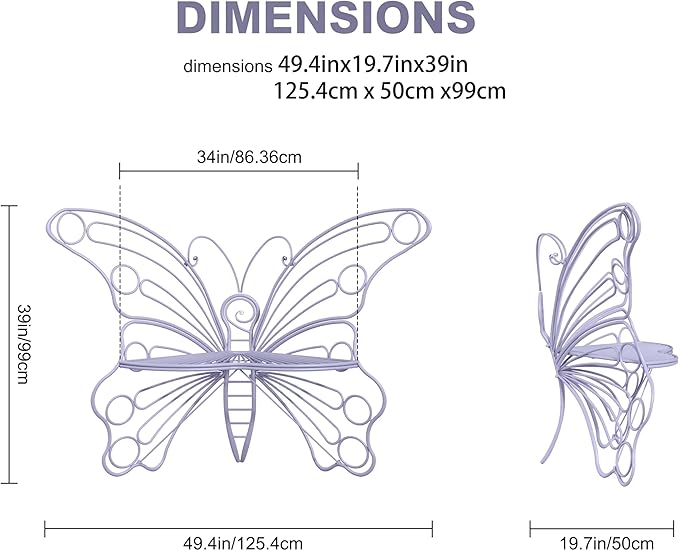 Pink Butterfly Benches Outdoors, Pretty Garden Bench & Cute Metal Outside Bench, Front Porch Benches Outdoor with Sturdy Frame for Lawn Yard Balcony (Purple)