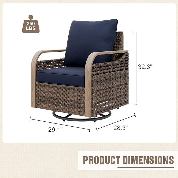 Modern Wicker Outdoor Swivel Rocking Chairs, Rattan Glider Rocker Chairs Patio Armchairs for Backyard, Deck, Porch, Garden, 2 Pieces, Brown/Blue