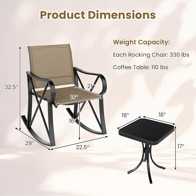 Tangkula 3 Piece Patio Rocking Set, 2 Rocking Chairs with Tempered Glass Side Table, Small Patio Furniture Set with Smooth Rocking Motion, Outdoor Rocker Chairs Bistro Set for Porch, Balcony (Brown)