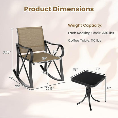 Tangkula 3 Piece Patio Rocking Set, 2 Rocking Chairs with Tempered Glass Side Table, Small Patio Furniture Set with Smooth Rocking Motion, Outdoor Rocker Chairs Bistro Set for Porch, Balcony (Brown)