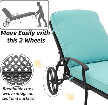 Chaise Lounge Outdoor Chair with Wheels, Adjustable Reclining Rust-Resistant Aluminum Cast Poolside Chaise Lounge Furniture Set of 2, Waterproof Blue Cushion