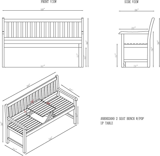 Bristol Two-Seat Outdoor Bench with Pop-Up Center Table, Weather-Resistant Acacia Wood, Natural Finish, Ideal for Patio, Porch, or Garden, Dimensions: 60 in. W x 26 in. D x 37 in. H