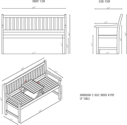 Bristol Two-Seat Outdoor Bench with Pop-Up Center Table, Weather-Resistant Acacia Wood, Natural Finish, Ideal for Patio, Porch, or Garden, Dimensions: 60 in. W x 26 in. D x 37 in. H