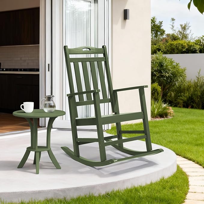 VINGLI Outdoor Rocking Chair with Footrest, Wooden Rocking Chair with 450 LBS Weight Capacity, Patio Rocker with Comfortable Backrest for Garden, Yard (Dark Green, 2PCS)
