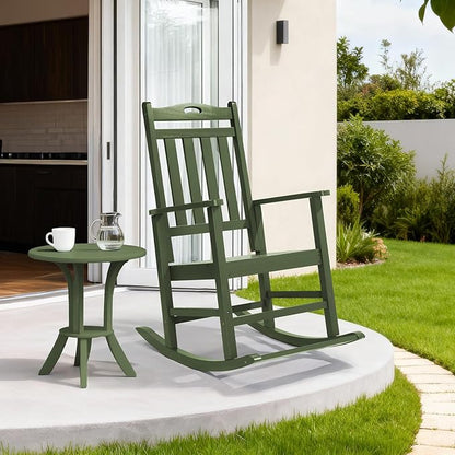 VINGLI Outdoor Rocking Chair with Footrest, Wooden Rocking Chair with 450 LBS Weight Capacity, Patio Rocker with Comfortable Backrest for Garden, Yard (Dark Green, 2PCS)