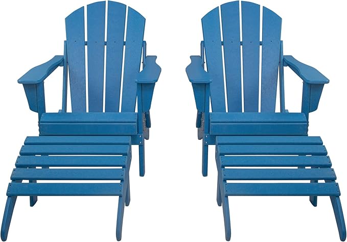 WestinTrends Malibu Outdoor Lounge Chair Set, 4-Pieces Adirondack Chair Set of 2 with Ottoman, All Weather Poly Lumber Patio Lawn Folding Chair for Outside Pool Beach, Pacific Blue