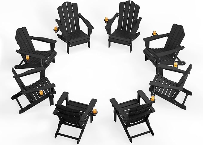 KINGYES Folding Adirondack Chair Set of 8, HDPE All-Weather Patio Chairs with Cup Holder, Wooden Textured Fire Pit Chairs for Poolside, Backyard, Deck, Black