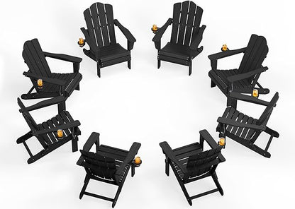 KINGYES Folding Adirondack Chair Set of 8, HDPE All-Weather Patio Chairs, Wooden Textured Lawn Chair for Poolside, Backyard, Deck, Fire Pit, Black