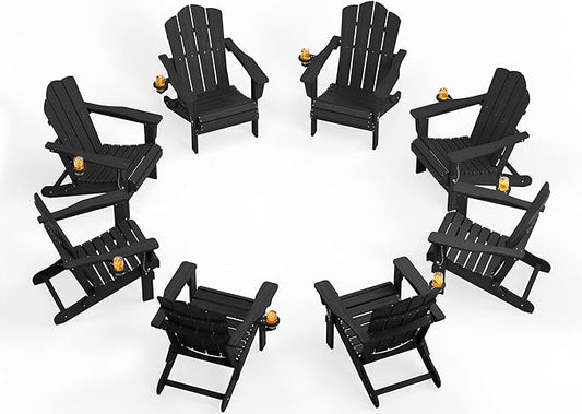 KINGYES Folding Adirondack Chair Set of 8, HDPE All-Weather Patio Chairs, Wooden Textured Lawn Chair for Poolside, Backyard, Deck, Fire Pit, Black