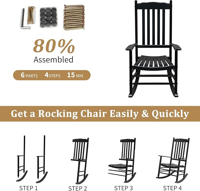 Traditional Style Wood Rocking Chair for Outdoor Living Spaces, Smooth Rocking Motion with Sturdy Wood Base, Patio Chair for Porch Deck Garden, Load 385 LBS, 24.4"W x 33.9"D x 46.1"H, Black