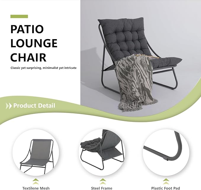Patio Lounge Chair with Ottoman, Indoor Outdoor Comfy Sling Recliner Chair with Cushion, Modern Oversized Padded Lounge Chair Set with Footstool for Balcony Porch Garden, Dark Gray