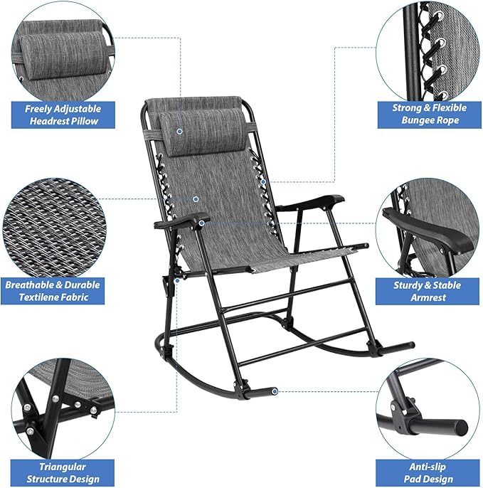 Devoko Patio Rocking Zero Gravity Chair Outdoor Wide Recliner Chair for Lawn Beach Camping Poolside with Headrest Pillow (Grey)