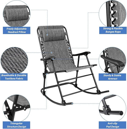 Devoko Patio Rocking Zero Gravity Chair Outdoor Wide Recliner Chair for Lawn Beach Camping Poolside with Headrest Pillow (Grey)