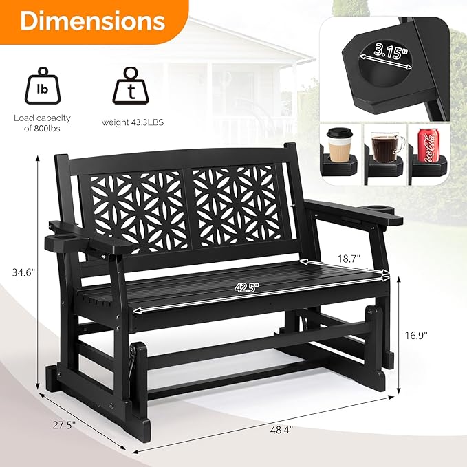 VINGLI Fir Wood Outdoor Glider with Floral Backrest, Wooden Patio Gliding Bench with Cup Holders, Smooth Rocking Chair for Garden, Yard & Porch (Black, 4FT)